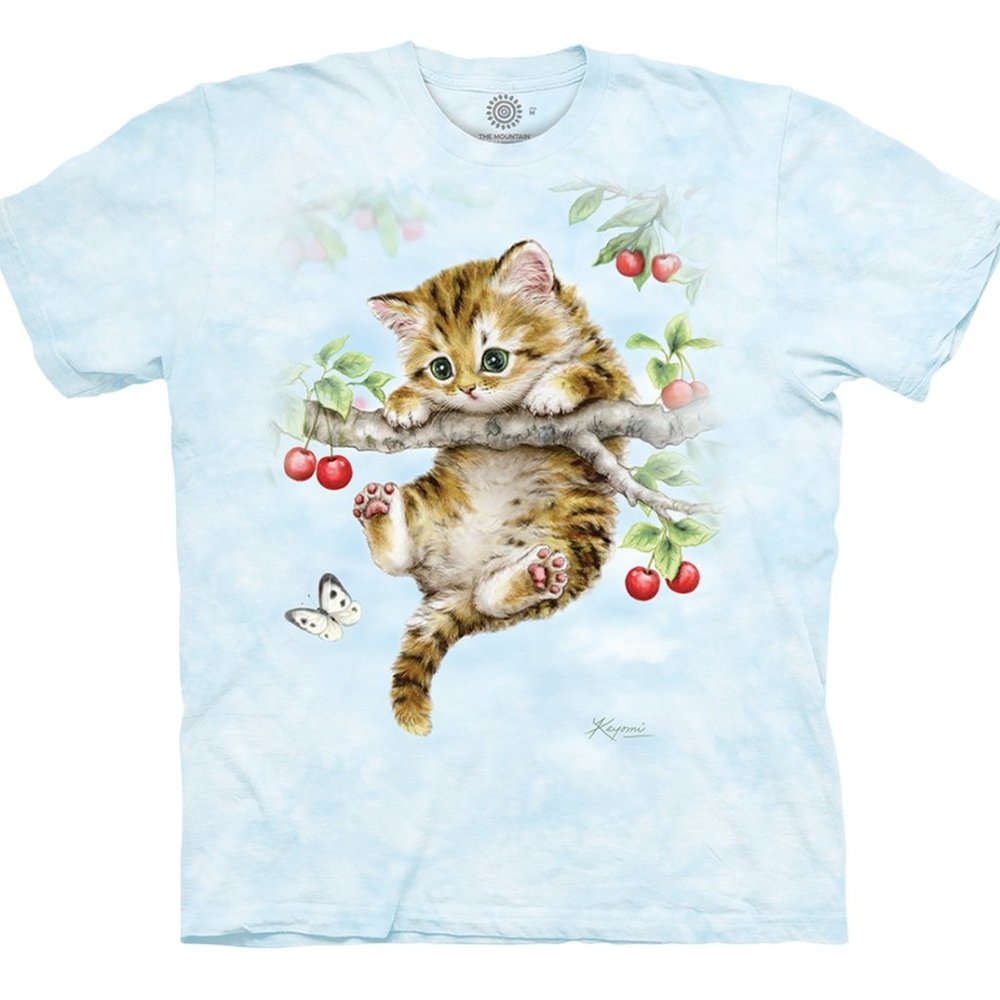 The Mountain Cat Cherry Kitten Branch Cats Butterfly Blue Adult T-Shirt S-3X